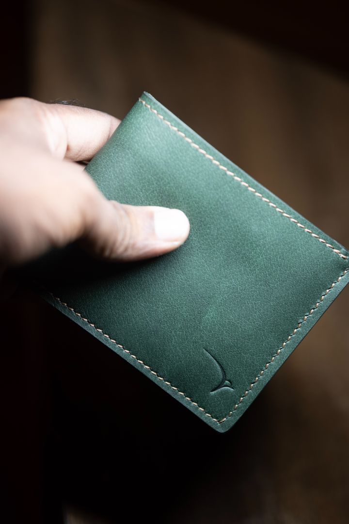 Wren Indian handmade green classic bifold leather wallet closed