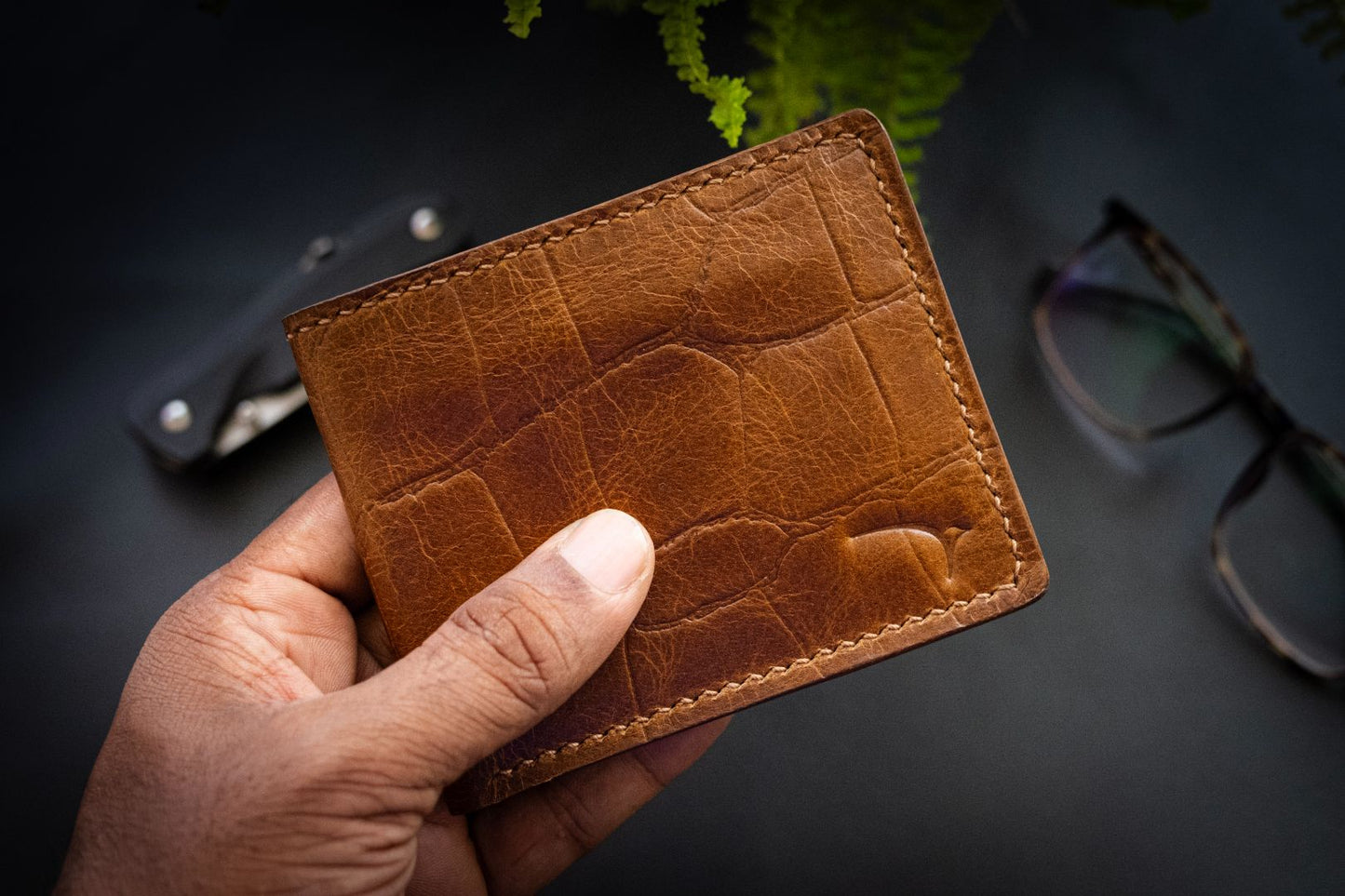 Wren Indian handmade brown leather classic bifold leather wallet croc print closed
