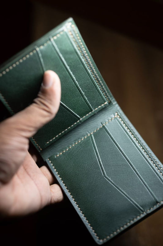 Wren Indian handmade green classic bifold leather wallet opened