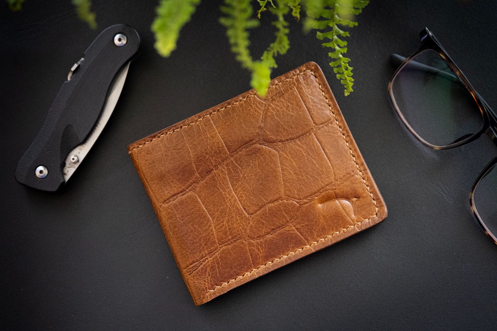 Wren Indian handmade brown leather classic bifold leather wallet croc print closed