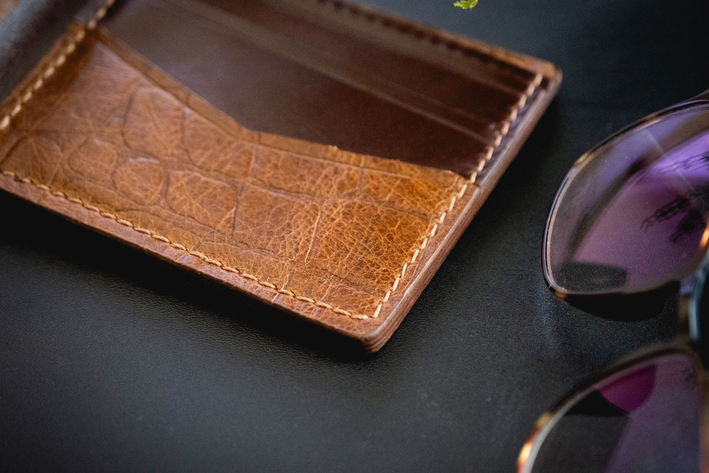 Wren Indian handmade brown leather classic bifold leather wallet croc print opened pocket