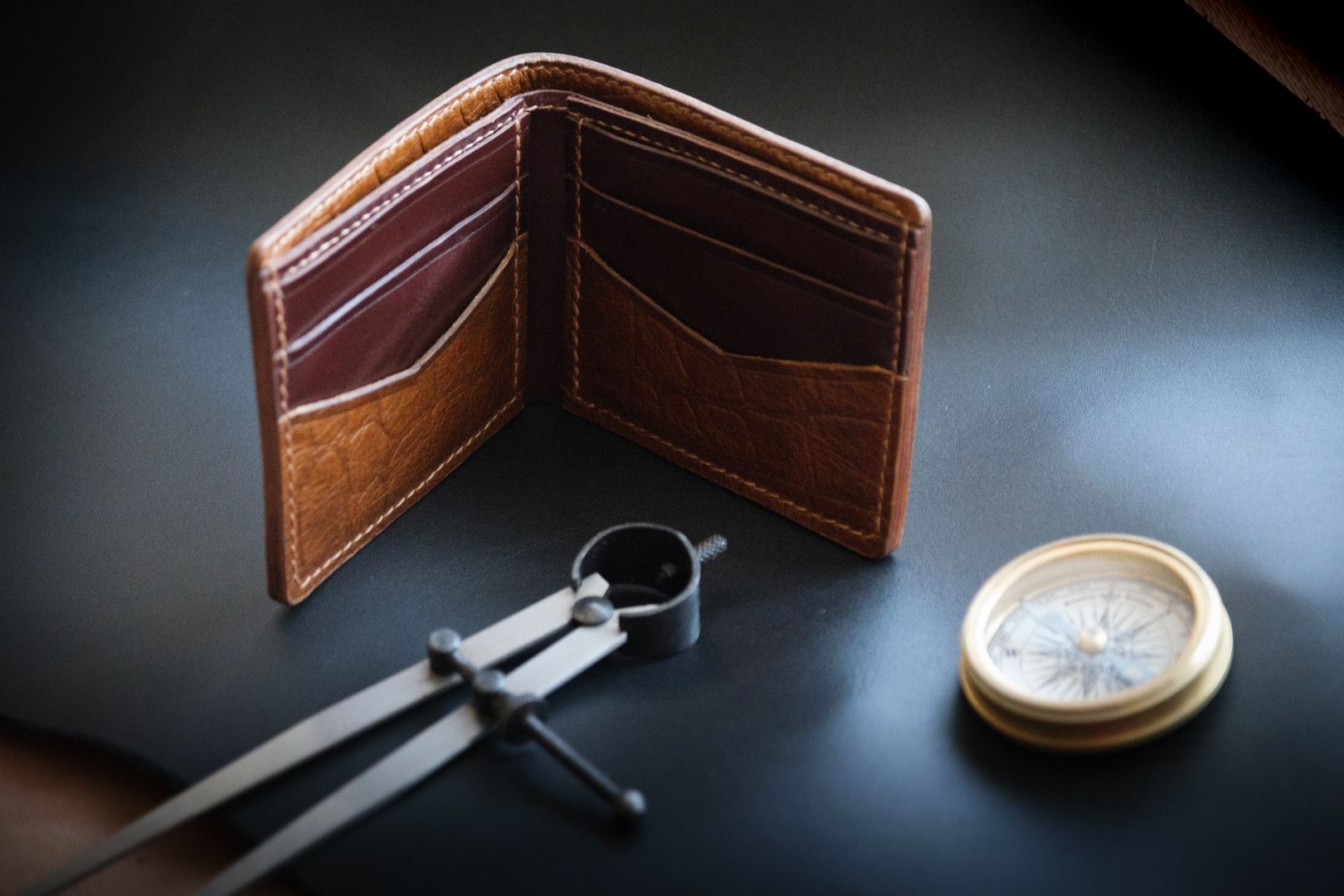 Wren Indian handmade brown leather classic bifold leather wallet croc print  opened